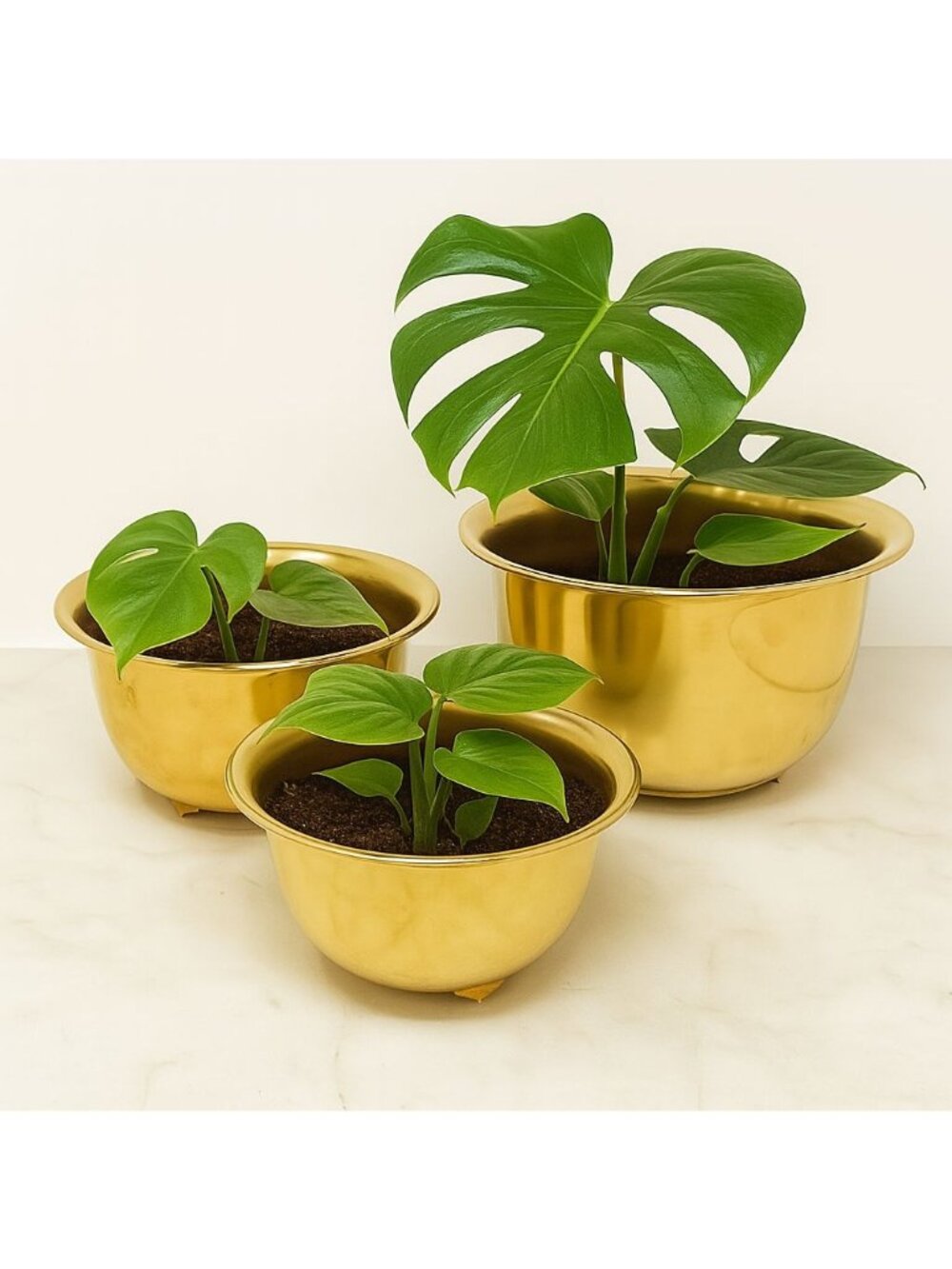 Vintage Set of 3 Brass Footed Bowls Planters Cachepots Mid Century Decor 1960s